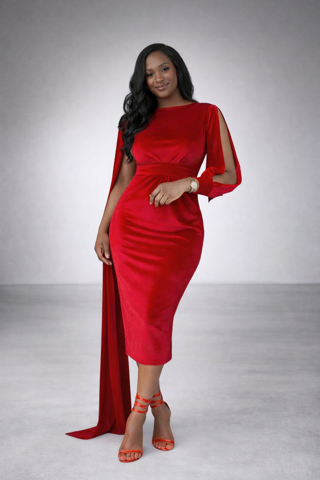 ZILLAH VELVET MIDI DRESS WITH STATEMENT SLEEVES – Marlene Simone