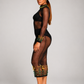 Side profile of a luxury black sheer beaded mesh dress with long sleeves and elegant fitted silhouette designed by Marlene Simone.