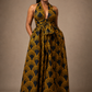 Luxury printed convertible multi wrap infinity maxi dress by Marlene Simone with gathered waist, flowing A-line skirt, and hidden pockets.