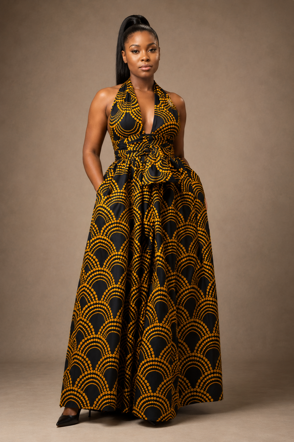 Luxury printed convertible multi wrap infinity maxi dress by Marlene Simone with gathered waist, flowing A-line skirt, and hidden pockets.