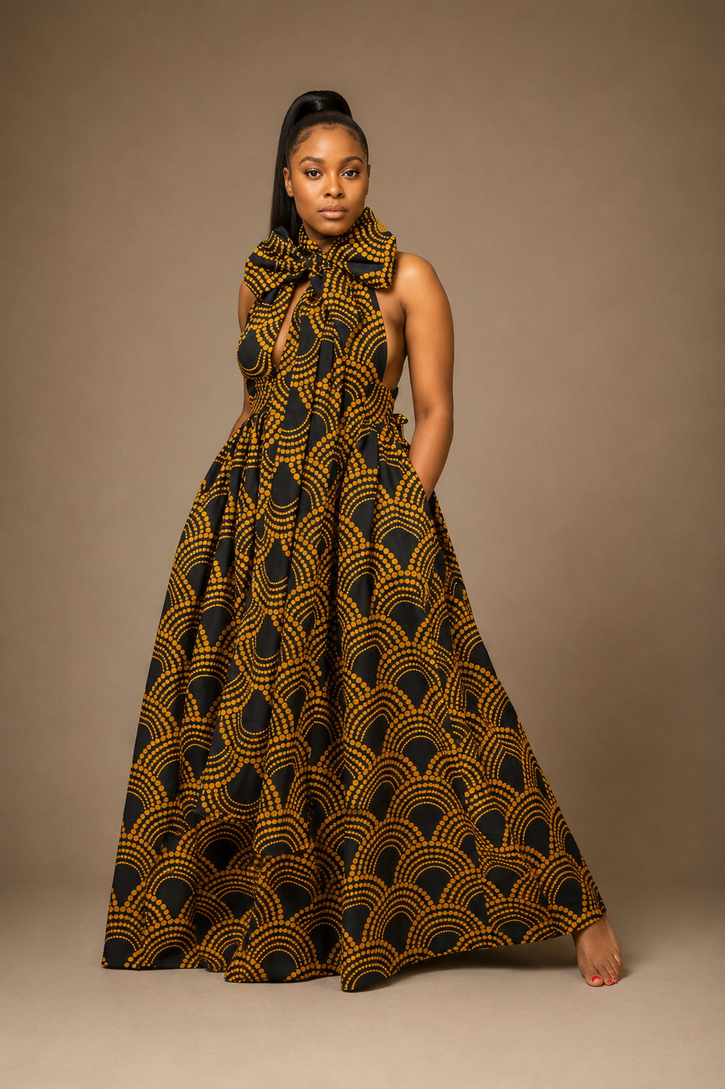 Luxury printed convertible multi wrap infinity maxi dress by Marlene Simone with gathered waist, flowing A-line skirt, and hidden pockets.