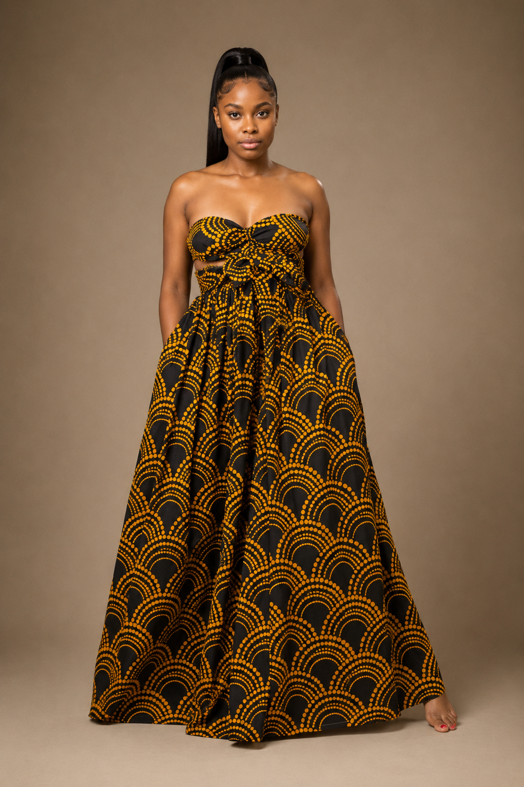 Luxury printed convertible multi wrap infinity maxi dress by Marlene Simone with gathered waist, flowing A-line skirt, and hidden pockets.