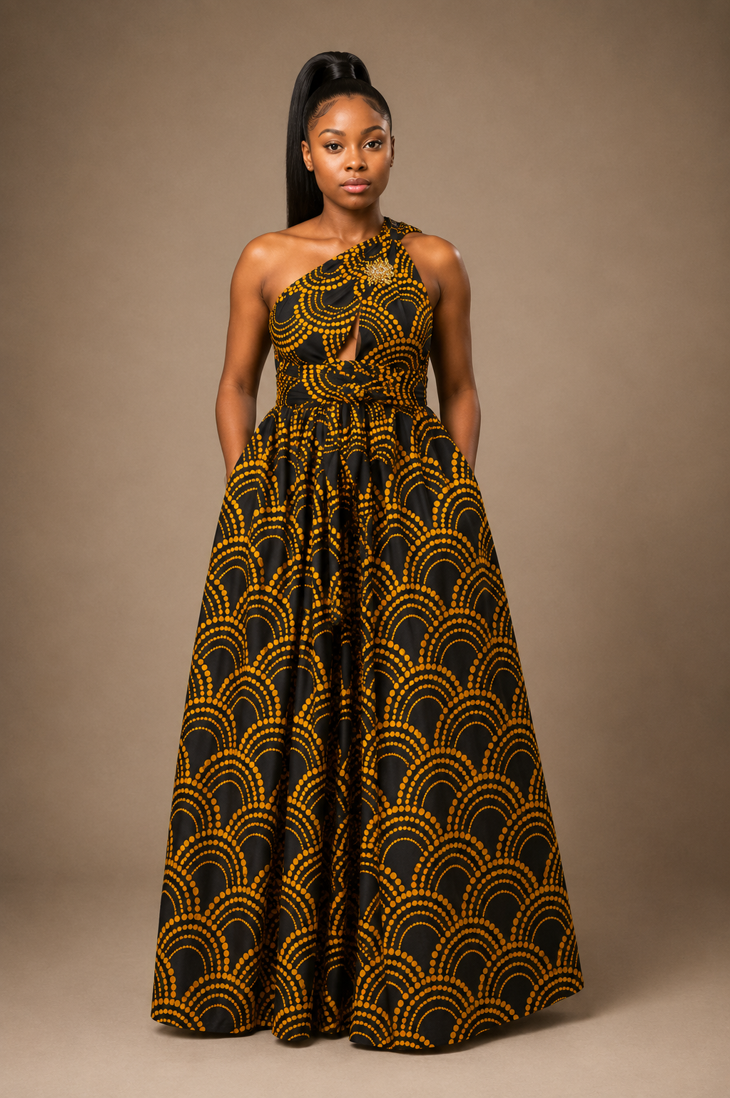 Luxury printed convertible multi wrap infinity maxi dress by Marlene Simone with gathered waist, flowing A-line skirt, and hidden pockets.