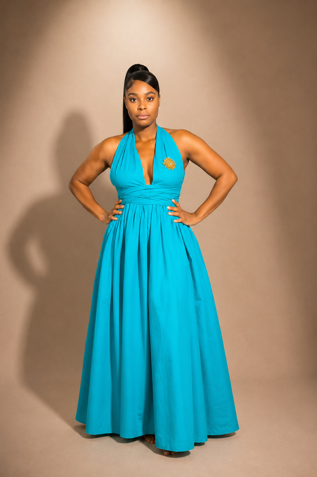 Luxury convertible multi wrap infinity maxi dress by Marlene Simone with gathered waist, flowing A-line skirt, and hidden pockets.