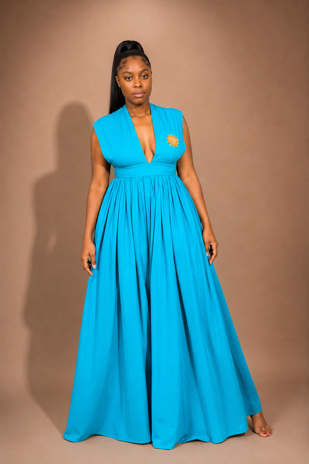 Luxury convertible multi wrap infinity maxi dress by Marlene Simone with gathered waist, flowing A-line skirt, and hidden pockets.