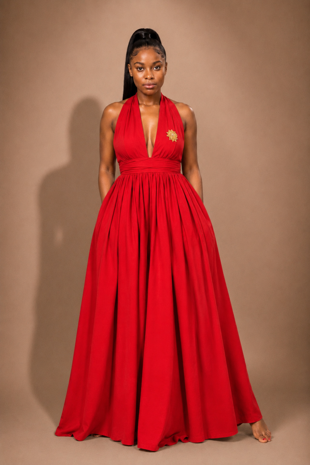 Luxury red convertible infinity maxi dress by Marlene Simone with halter neckline, gathered waist, flowing A-line skirt, and hidden pockets.
