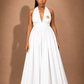 Luxury white convertible infinity maxi dress by Marlene Simone with halter neckline, gathered waist, flowing A-line skirt, and hidden pockets.