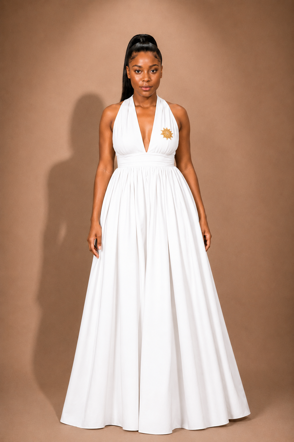 Luxury white convertible infinity maxi dress by Marlene Simone with halter neckline, gathered waist, flowing A-line skirt, and hidden pockets.