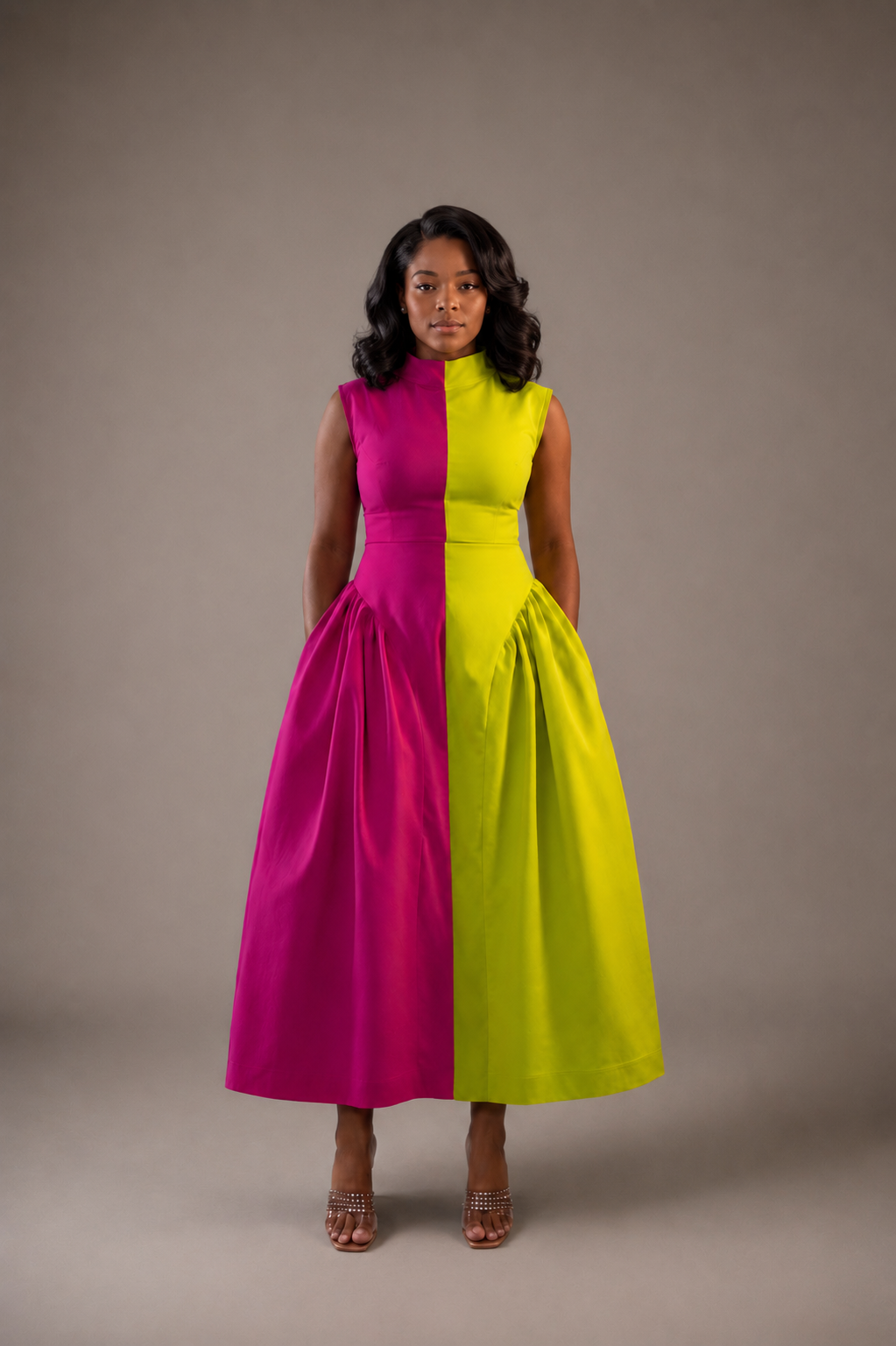 Elegant color block fit and flare midi dress for women featuring a high neckline, fitted bodice, gathered skirt, and modest silhouette by Marlene Simone.