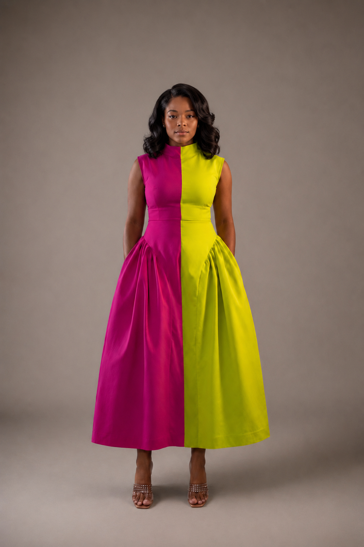 Elegant color block fit and flare midi dress for women featuring a high neckline, fitted bodice, gathered skirt, and modest silhouette by Marlene Simone.