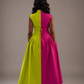 Elegant color block fit and flare midi dress for women featuring a high neckline, fitted bodice, gathered skirt, and modest silhouette by Marlene Simone.