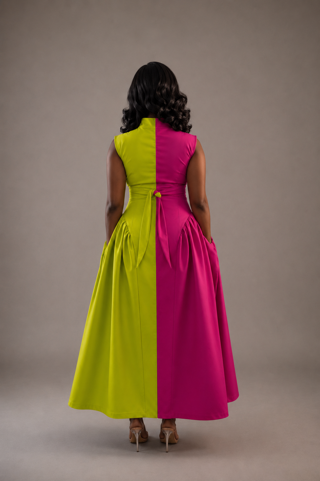 Elegant color block fit and flare midi dress for women featuring a high neckline, fitted bodice, gathered skirt, and modest silhouette by Marlene Simone.