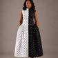 Elegant color block fit and flare midi dress for women featuring a high neckline, fitted bodice, gathered skirt, and modest silhouette with pockets by Marlene Simone.