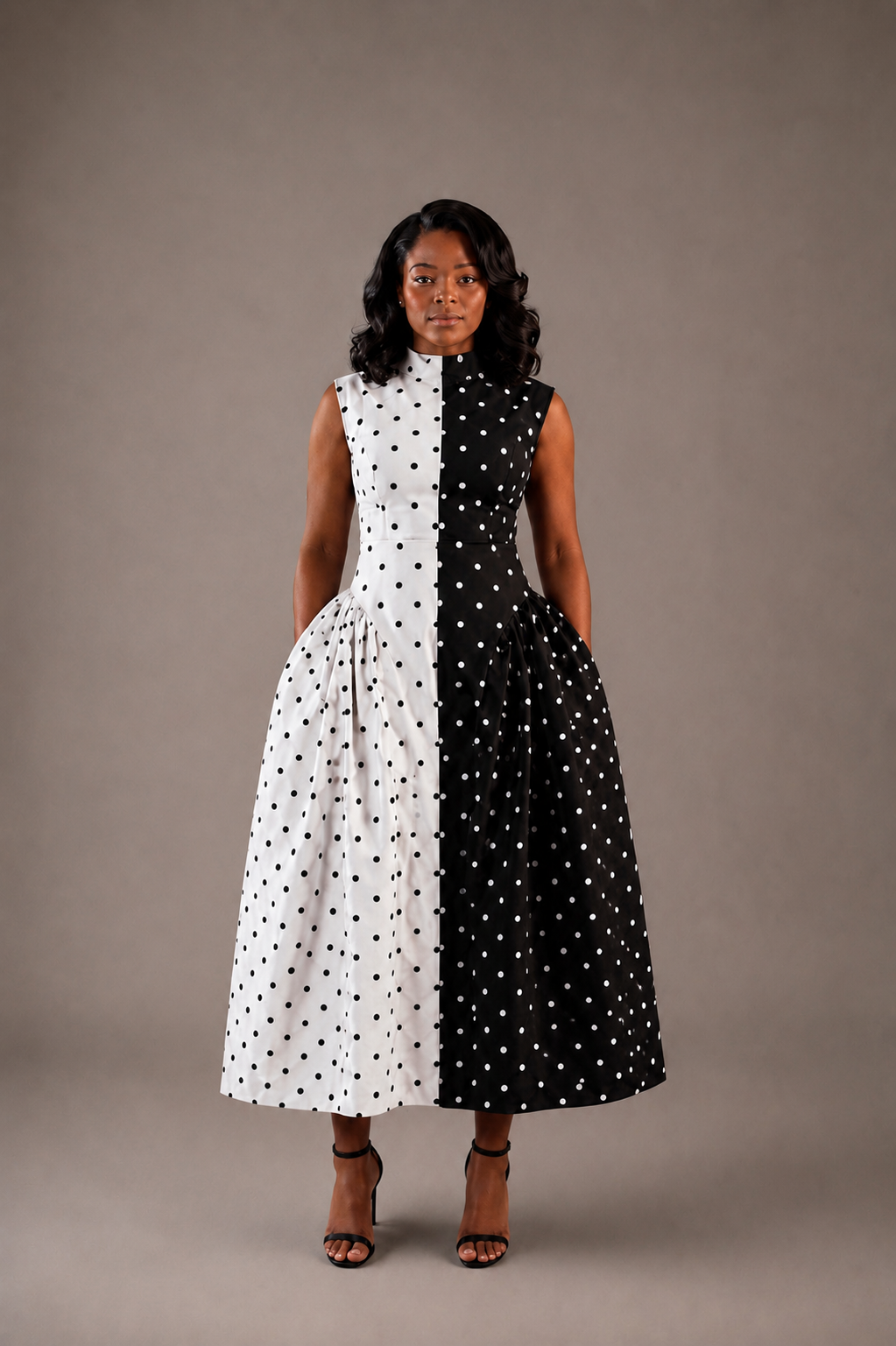 Elegant color block fit and flare midi dress for women featuring a high neckline, fitted bodice, gathered skirt, and modest silhouette with pockets by Marlene Simone.