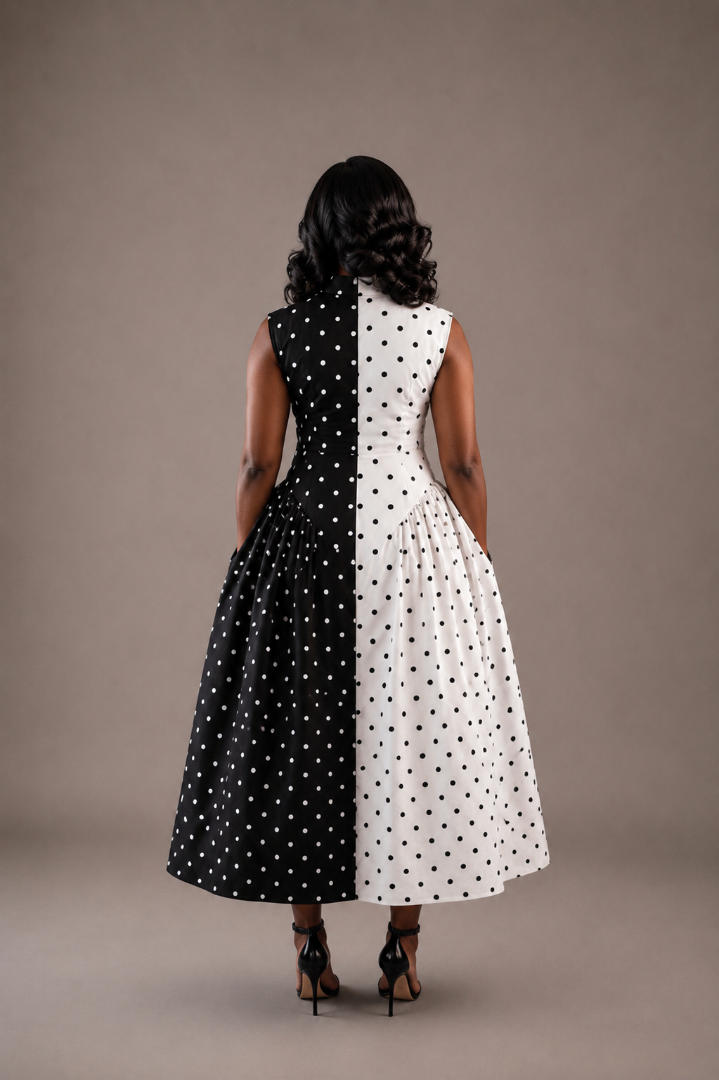 Elegant color block fit and flare midi dress for women featuring a high neckline, fitted bodice, gathered skirt, and modest silhouette with pockets 
by Marlene Simone.