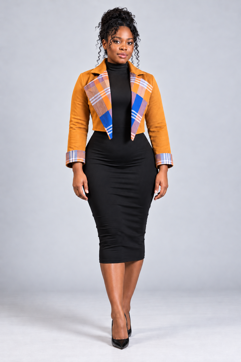 AUTUMN Cropped Jacket with Plaid Lapels