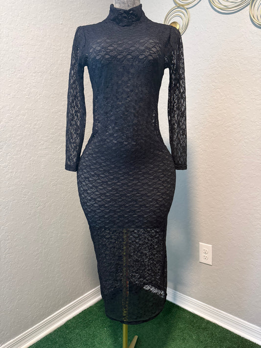 Elegant sheer black lace midi dress with long sleeves, mock neckline, and fitted silhouette for women by Marlene Simone.